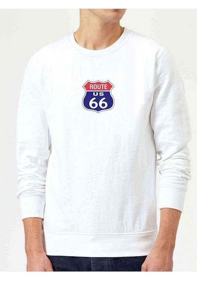 Route 66 Logo Baskılı Beyaz Erkek Örme Sweatshirt