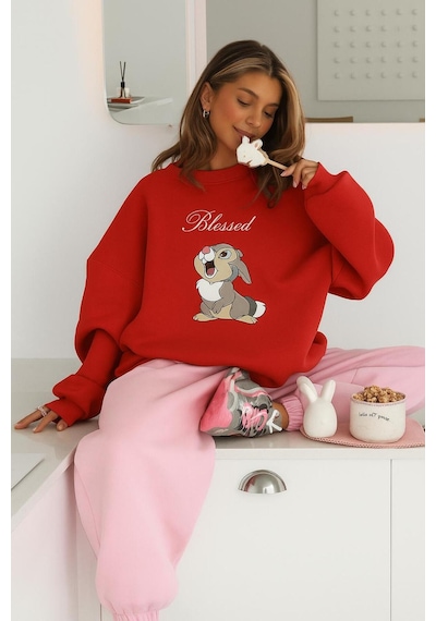 Benroma 3 İplik Penye Blessed Tavşan Baskılı Unisex Sweatshırt Kırmızı
