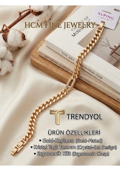 Xuping Gold Kaplama Özel Tasarım Kristal Taş Detaylı Ergonomik Kilitli Lüks Bileklik Altın - Çelik