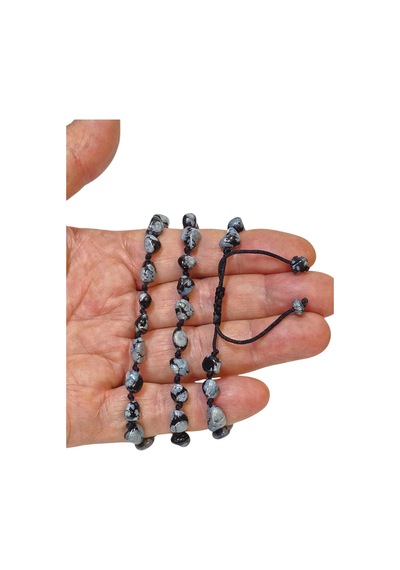 Kar Tanesi Obsidyen Bileklik Makrome Ayarlı 405-4 Siyah