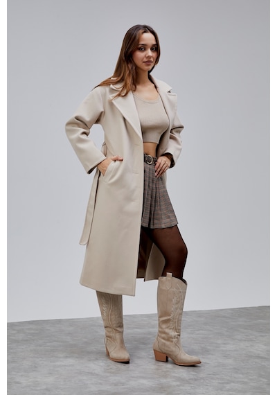 Bej Premium Oversize Kemerli Kaşe Kaban Bej