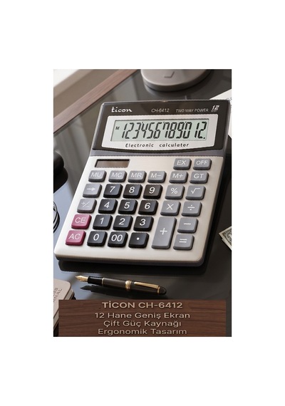 Hesap Makinesi Siyah Gri 14.5x19cm 1 Adet Ticon Ch-6412 12 Haneli Orta Boy Ofis Büro Masaüstü Hesap Makinası
