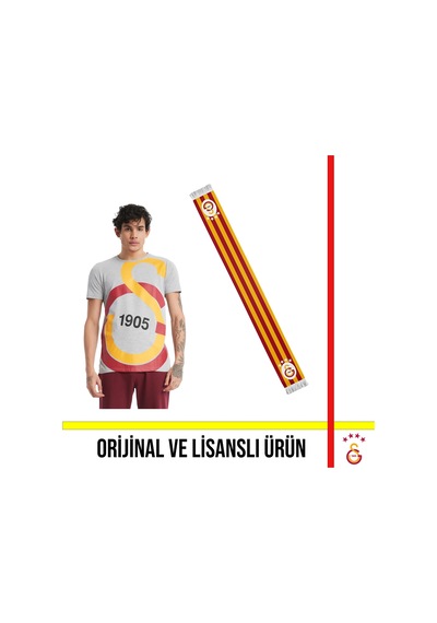 Galatasaray Lisanslı Büyük Logolu Gri T-shirt Ve Çubuklu Şal Atkı Gri