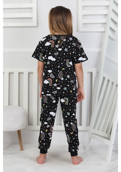 %100 Pamuk Gökkuşağı Desenli Kısa Kollu Manşetli Paça Kız Çocuk Pijama Takımı 3-8 Yaş Siyah %100 Pamuk Gökkuşağı Desenli Kısa Kollu Manşetli Paça Kız Çocuk Pijama Takımı 3-8 Yaş Siyah