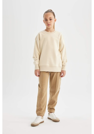 Defacto Kız Çocuk Relax Fit Bisiklet Yaka Pamuklu Basic Düz Okul Sweatshirt A2797A824AUBG286 Bej