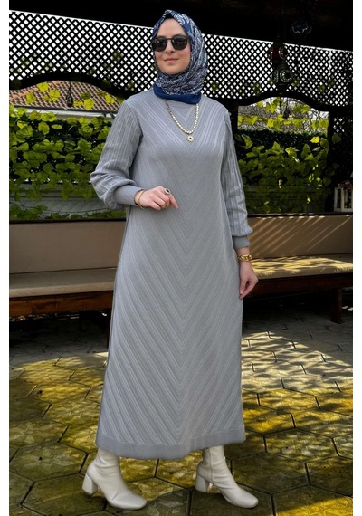 Rabia Şamlı Yağmur Triko Elbise Gri Normal