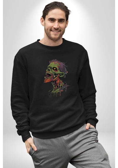 Zombi Kafası Unisex Siyah Baskılı Sweatshirt Siyah