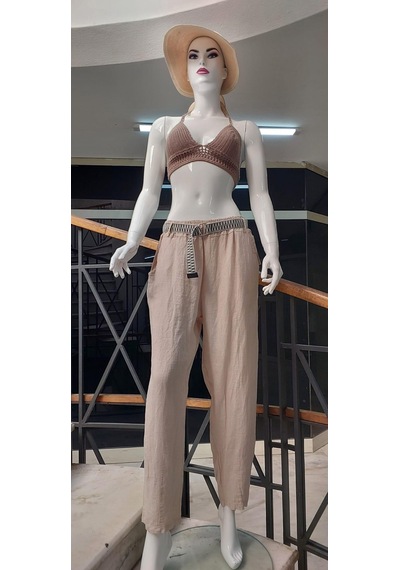 Eren Style İtalyan Kemerli Keten Pantolon-9260 Krem