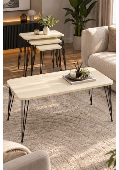 Sulorahome Siyah Tel Ayaklı Krem Rengi 4'lü Sehpa Seti