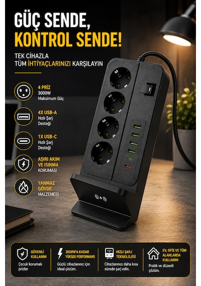 4'lü Akım Korumalı Masaüstü Priz 4 Usb-a + 2 Type-c Hızlı Şarj Kablosuz Şarj Standlı 2 Metre Kablolu Çoklu Priz 0 - 2 M