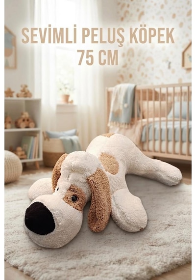 Yatan Peluş Köpek 75 Cm Sevimli Ve Konforlu Uyku Yastığı Ve Sarılma Arkadaşı Dekoratif Oyuncak Ekru