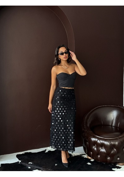 Verymoda Pul Detaylı Abiye Midi Etek F2012 Siyah