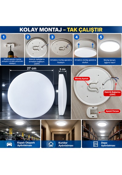 5'li Paket Kartek Kl 212 18w Radar Hareket Sensörlü Led Glop Armatür 6500k Beyaz Işık Sıva Üstü Yuvarlak Tavan Lambası