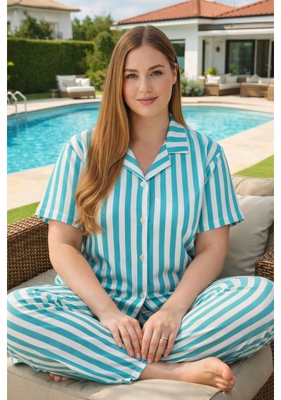 Remsa Büyük Beden Kadın Kısa Kol Milan Kumaş Pijama Takımı 50501-1970 Yeşil01