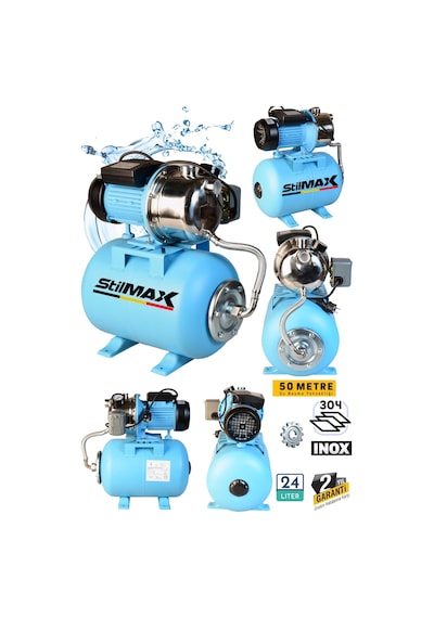 Stilmax Pas24lt Paslanmaz 1.5hp Jet + 24lt Küre Tank Seti 4 Kat 4daire Ev Tipi Otomatik Hidrofor Set