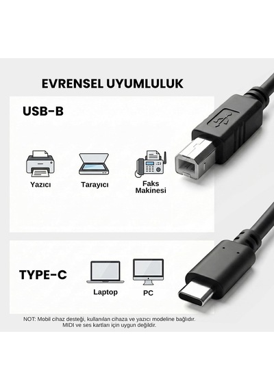Type-c To Usb-b Yazıcı Tarayıcı Printer Kablosu 1.5 Metre - Pc Ve Laptop İle Yazıcı Ara Bağlantı Data Kablosu - Usb 2.0 Hızlı Ve Stabil Yazdırma - Kolay Kullanım - Usb-c Printer Kablosu