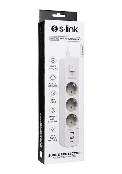 S-link Spg03tc 2 Usb +1type C 5v2.4a 1.5m 3x1.00mm 100% Bakır 750 Joule 3 Lü Anahtarlı Akım Korumalı Beyaz Priz