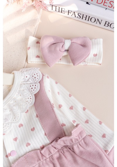 Babymod Kalp Desenli Fisto Yakalı Bandanalı Kız Bebek Tulum Set Gülkurusu