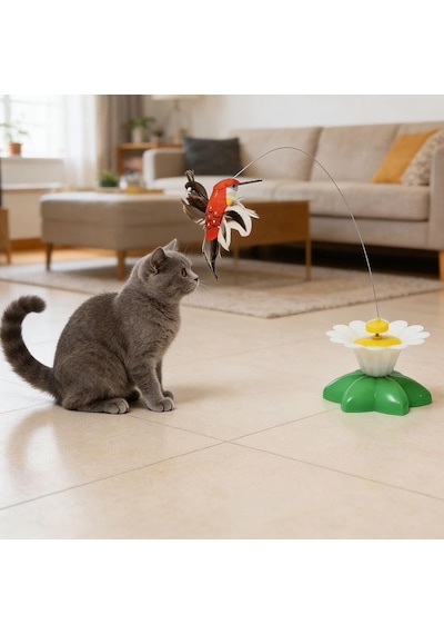 Hareketli Dönen Kuş Kedi Oyuncağı Pille Çalışır