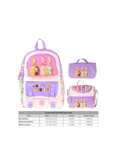 Kaukko Kids Cat Life Mor - Krem Renk Kız Çocuk Üçlü İlkokul Okul Çantası Seti/takımı - Setkk-l5313a