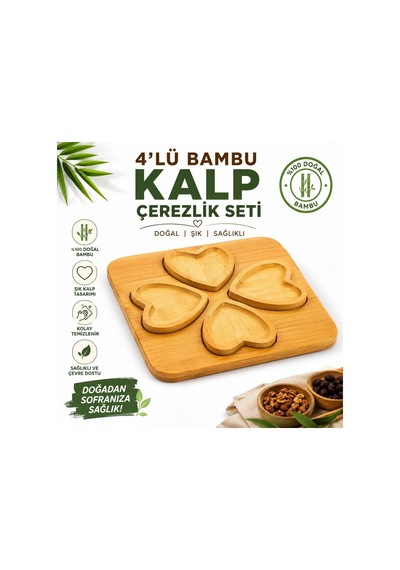 4 Lü Bambu Kalpli Çerezlik Seti Ahşap Sunum Tepsili 4 Bölmeli Atıştırmalık, Kuruyemiş, Çerez, Şekerleme Ve İkramlık Se
