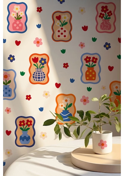 Renkli Çiçekli Vazo Duvar Sticker Seti 68 Parça, 9 Model, Çocuk Odası & Salon Dekorasyonu Dijital Baskı