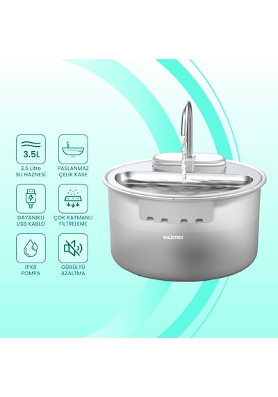 Haustier Wf009ls Beyaz , Çelik Üst Tabla , 3.5lt Geniş Bpa İçermez Hazne, Otomatik Kedi Su Sebili,kedi Su Çeşmesi, Su Pınarı