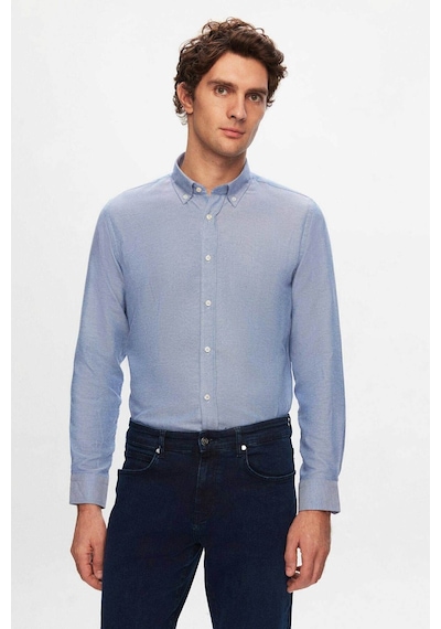 D'S Damat Ds Damat Slim Fit Mavi Armürlü Düğmeli Yaka Pamuklu Gömlek 5HC02ORT07265 Mavi