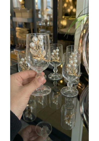 Çnr Home Collection 6 ' Lı Inci Çiçek Detayli Gold Metal Süslemeli Ayakli Cam Kahve Yani Bardak Seti Altin