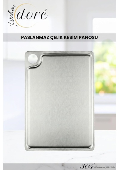 Paslanmaz Çelik Kesme Tahtası, 304 Çelik, Antibakteriyel Yüzey, Kaydırmaz Taban Sistemi, Özel Kanal Yapılı, 23x34 Cm, 1.5 Mm Kalınlık, 900gr