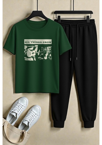 Uyguntarz Unisex All Things Grow Tasarım Baskılı Tshirt - 2'li Eşofman Takımı Yeşil