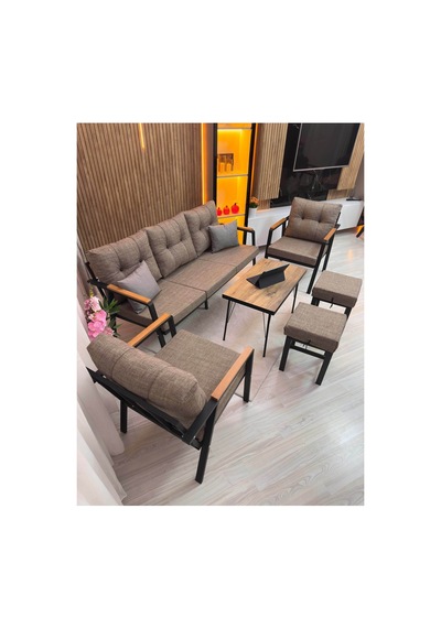 Houseart Balkon, Bahçe - Metal Kanepe Koltuk Takımı 3+1+1 + 2 Adet Puf + Sehpa Cappuccino Houseart Balkon, Bahçe - Metal Kanepe Koltuk Takımı 3+1+1 + 2 Adet Puf + Sehpa Cappuccino