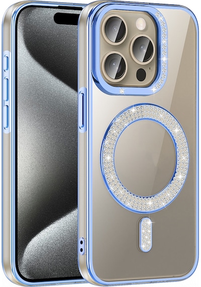 Apple Uyumlu iPhone 15 Pro Kılıf Pırlanta Taş Tasarımlı M-safe Şarj Özellikli Karetta Silikon Kılıf Mavi