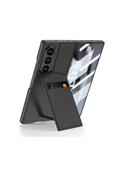 Galaxy Uyumlu Z Fold 6 Kılıf Karbon Fiber Kartlıklı Uzrm Kıpta Dik Açılan Kartlıklı Kapak-siyah Siyah