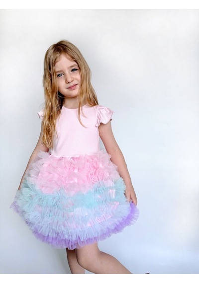 Linola Baby Kids Rainbow Tütü Etekli Kısa Kollu Çocuk Elbisesi Pembe