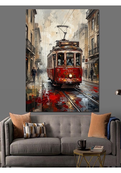Yağmurlu İstanbul Sokağı Ve Tramvay Dekoratif Kanvas - Mdf Ahşap Tablo