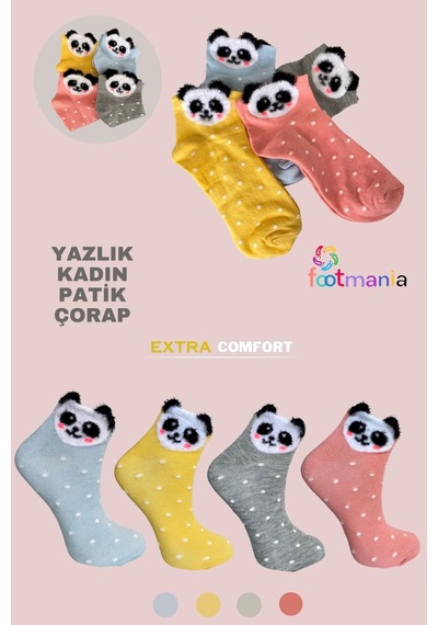 Footmania 4''lü Kadın Sevimli Tüylü Panda Desenli Patik Çorap Seti Çok Renkli