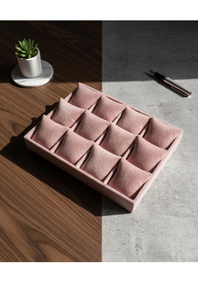 12 Bölmeli Ahşap Üzeri Baby Face Kumaş Saat Ve Takı Standı - Organizeri Ebat 35x24x5 Cm Açık Pembe