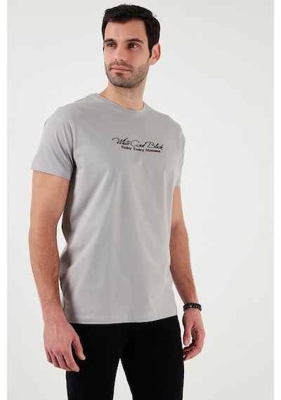 Buratti Pamuklu Slim Fit Bisiklet Yaka Yazılı Erkek T Shirt 541Enjoy Açık Gri