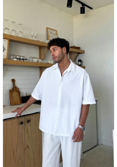 Flaw Basic Oversize Kısa Kol Keten Gömlek Beyaz-26088 Beyaz