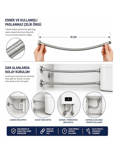 70 Cm Paslanmaz Çelik Örgülü Flex Hortum 3/8 Su Bağlantı Hortumu Batarya Ve Klozet Uyumlu