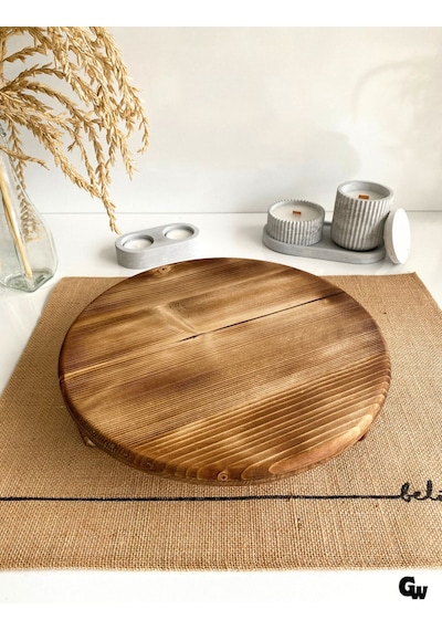 Yuvarlak Doğal Ahşap Sunum Tabağı Ayaklı Düz Ahşap Sunumluk Beyaz Çam Çap:28cm Yük:6,5cm