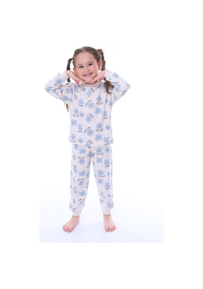 %100 Pamuk Çiçek Desenli Uzun Kollu Kız Çocuk Pijama Takımı 3,4,5,6,7,8 Yaş Mavi