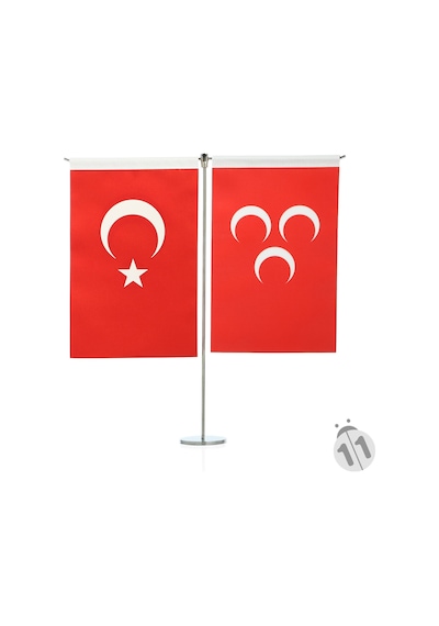 Türk Bayrağı ve Kırmızı Üç Hilal İkili Masa Bayrak Takımı Dikey