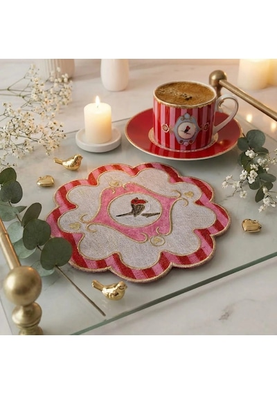 2 Adet Kırmızı Pip Studio Uyumlu Nakışlı Kuş Detaylı Sunum Ve Kokteyl Peçetesi 15x15cm Çok Renkli