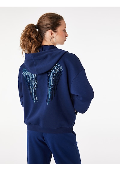 Koton Şardonlu Fermuarlı Kanguru Cepli Taşlı Baskılı Kapüşonlu Sweatshirt Lacivert 6sal10626ık Lacivert