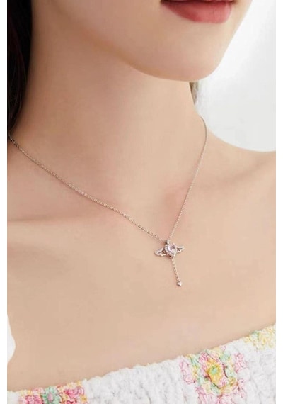 Hareketli Kanatlı Kalpli Pembe Taşlı Kadın Çelik Kolye Eck49b Gümüş