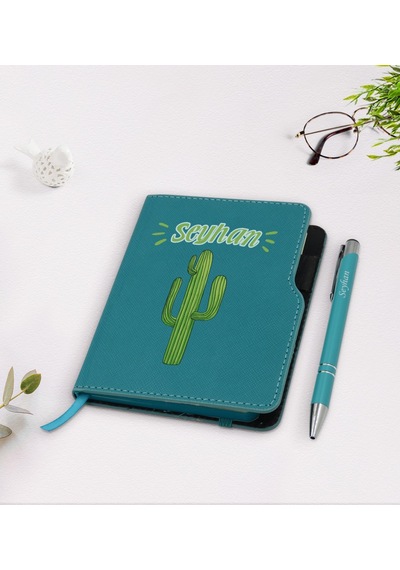 Kişiye Özel Kaktüs Tasarımlı Turkuaz Termo Deri Defter Kalem Seti N11.2150