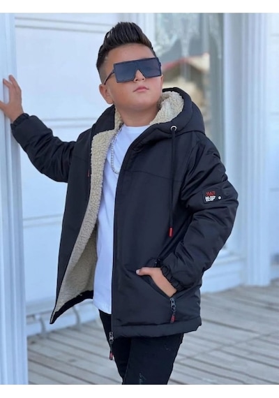 Pina Kids Erkek Çocuk Kürklü Çıkarılabilir Kapüşonlu Oversize Kışlık Mont Km4030 Siyah