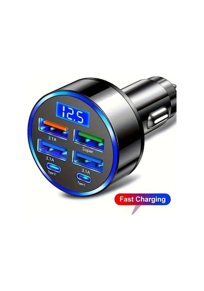 Zensaas41 6 Portlu Hızlı Araç Şarj Cihazı 4 Usb + 2 Type-c Çıkışlı Dijital Göstergeli Oto Şarjı Zensaa5